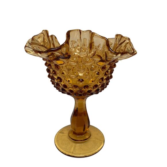 FENTON Amber Hobnail Glass Pedestal Ruffled Edge Compote Candy Dish - Picture 1 of 6